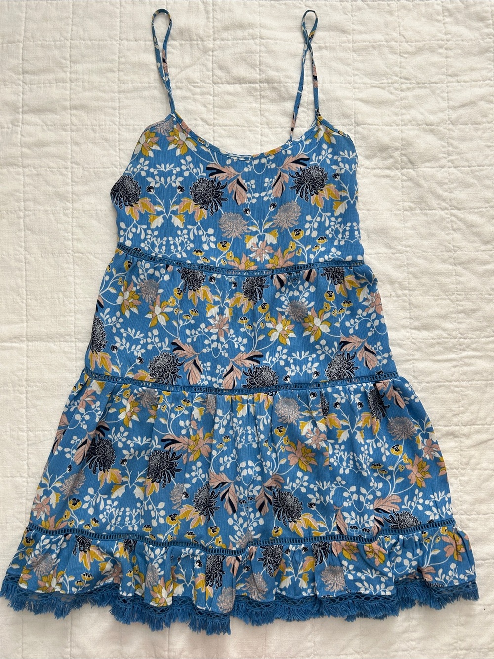 Blue Floral Tiered Spaghetti-Strap Midi Dress by